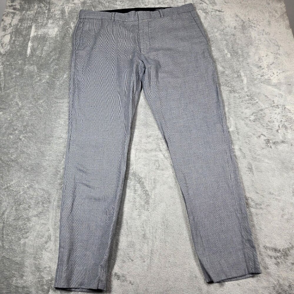 Club Monaco Pants 36X32 Blue Micro Check Sutton Slim Fit Linen Blend Trousers